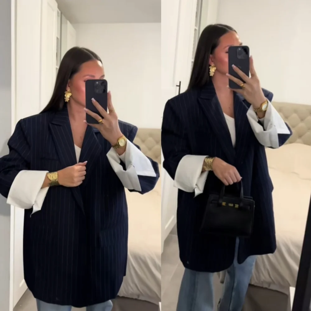 Zara NWT Oversized Pinstripe Blazer Navy Blue Size XS/S